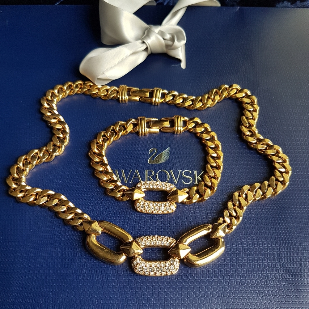 AUTHENTIC Swarovski Gold Plated Chunky Chain Link Vintage Bracelet - Picture 15 of 17